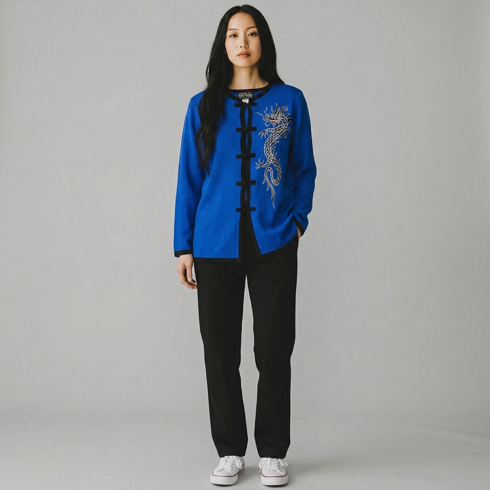 Bob Mackie Wearable Art Blue Dragon Embroidered‎ Frog Closure Cardigan Sweater L